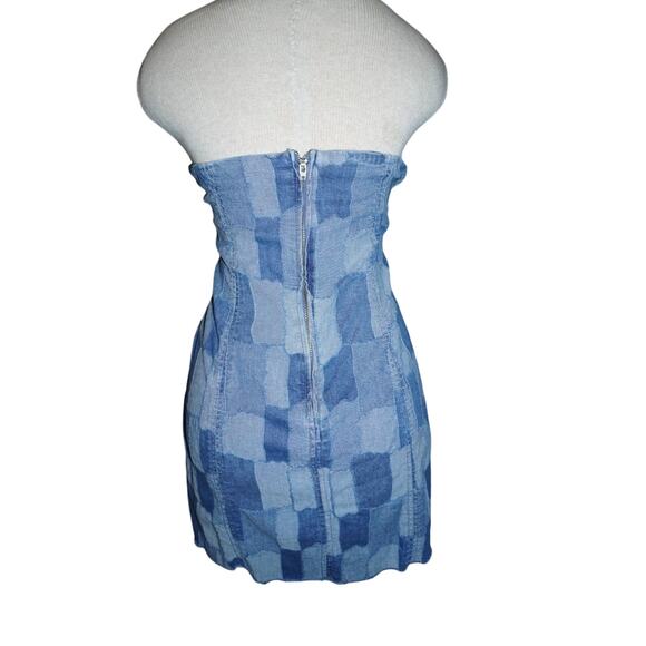 Wild Fable Strapless Patchwork Denim Mini Dress Size M | Zip Back | Raw Hem Y2K - Picture 4 of 5